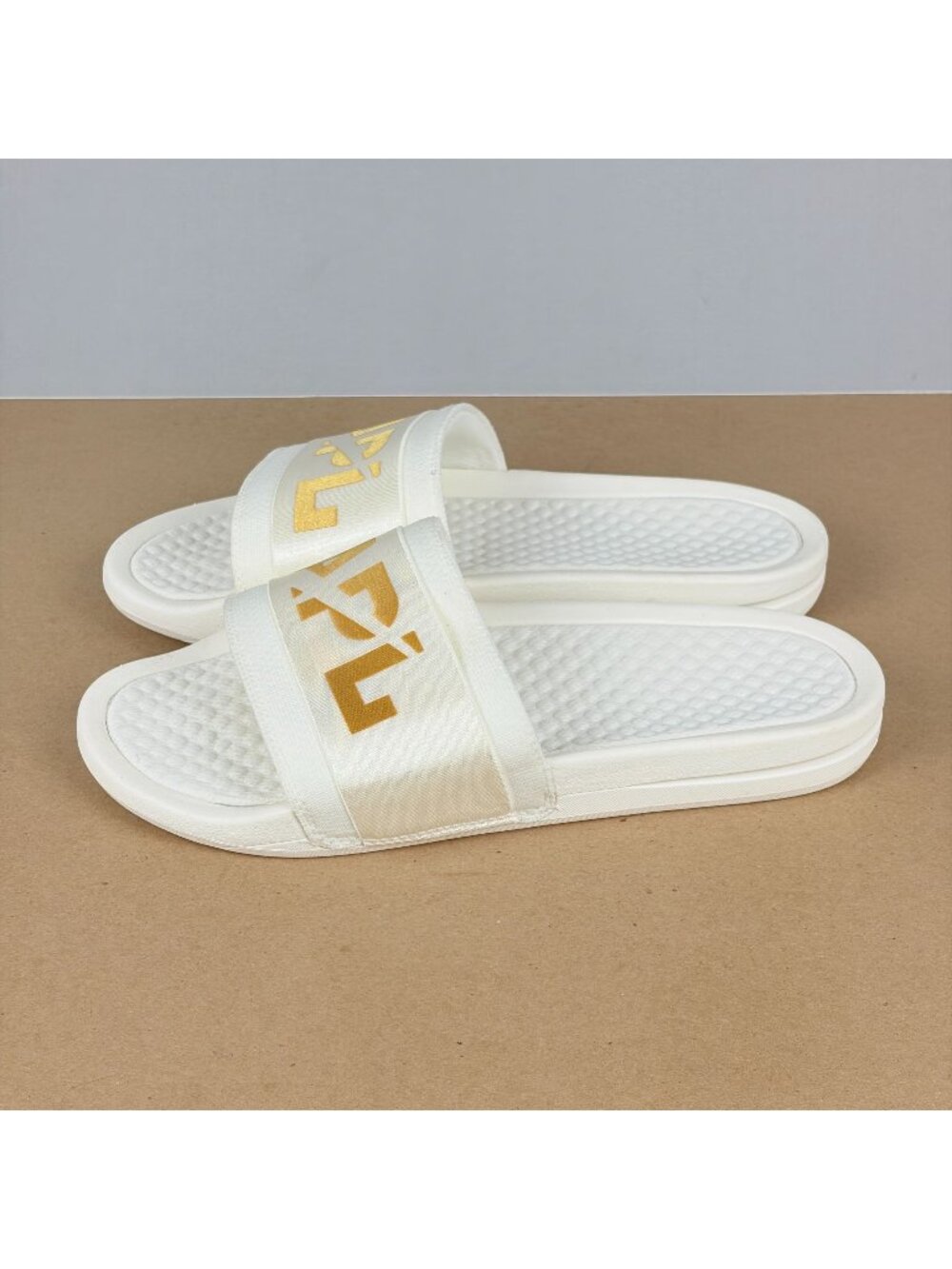 APL Satin Slide Sandals Mens 8 White Gold Slip On Casual Comfort Sport Recovery